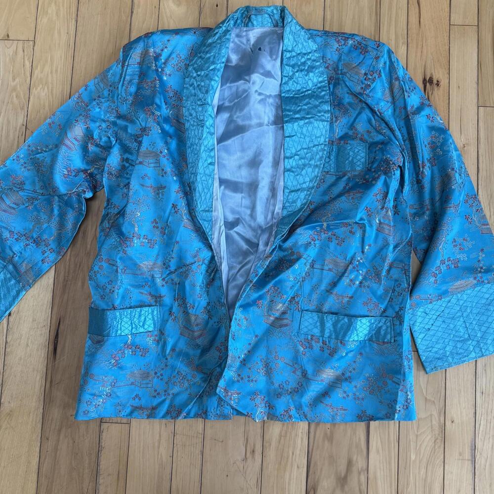 Vintage Asian Chinese Brocade Jacket Blue With Red And Gold Pagoda Print
